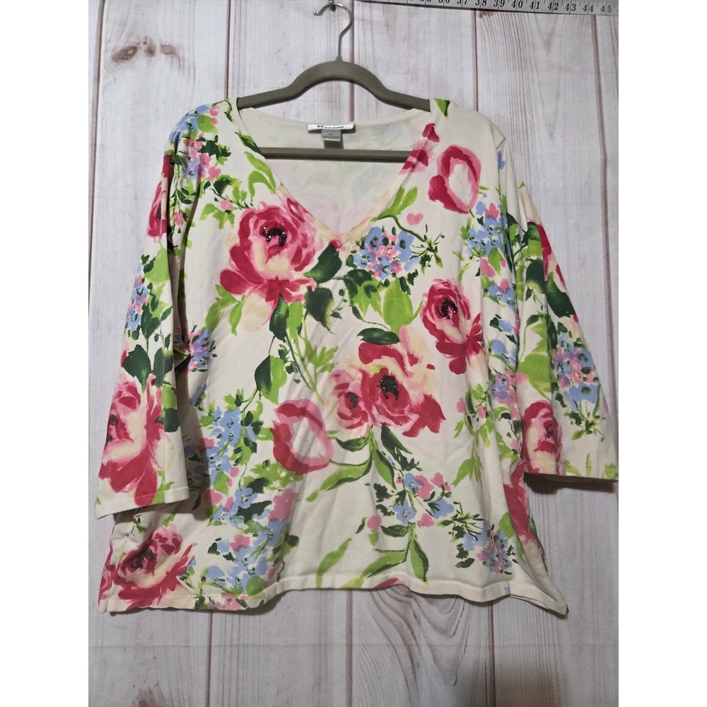 Nygard Collection Womens 2X‎ Silk Blend Floral V-Neck 3/4 Sleeve Knit Top Pink